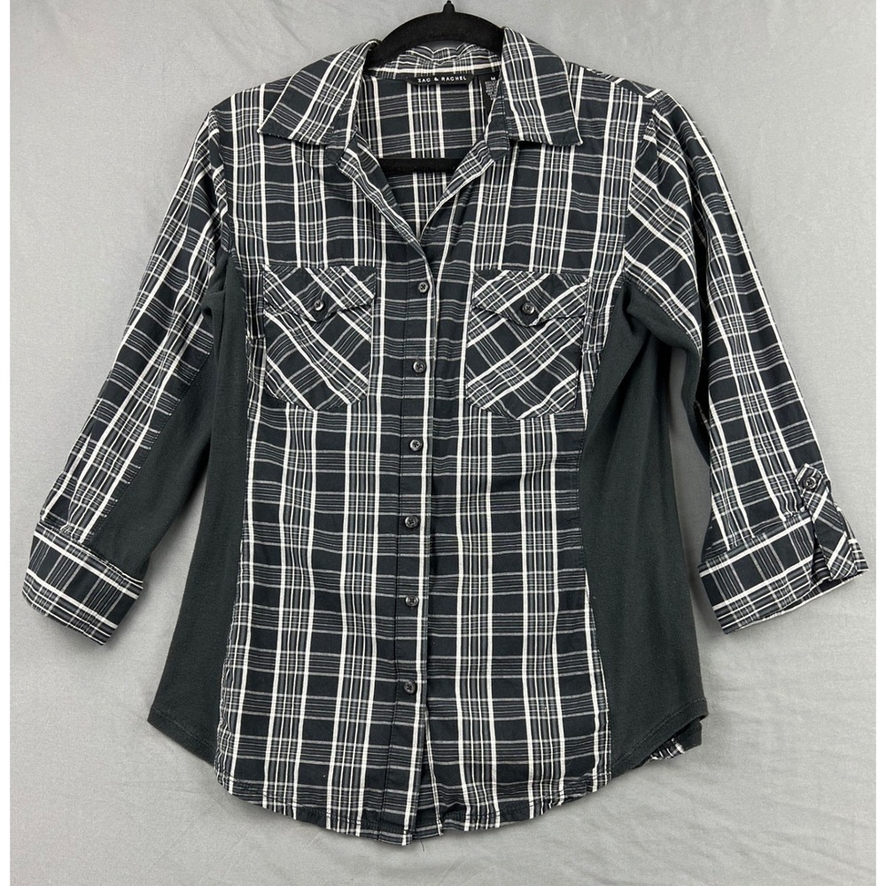 Zac & Rachel Plaid Shirt Womens Medium Black White 3/4 Sleeve Knit Panel Good